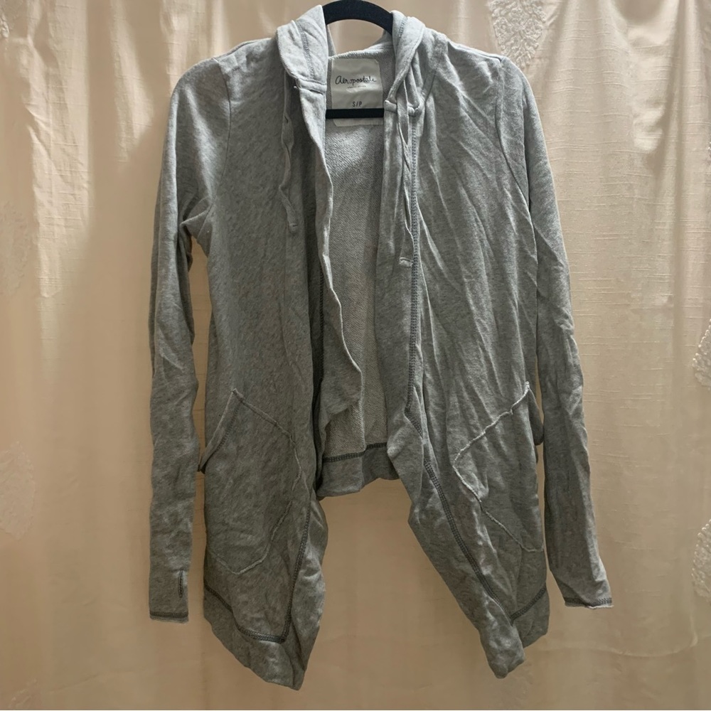 Handkerchief Front Hem Grey Open Cardigan Sweater with Hood